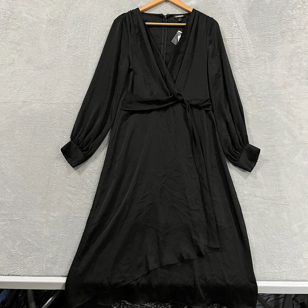 Express Maxi Wrap Dress Medium M Long Sleeve Satin Black‎ Belted Asymmetrical